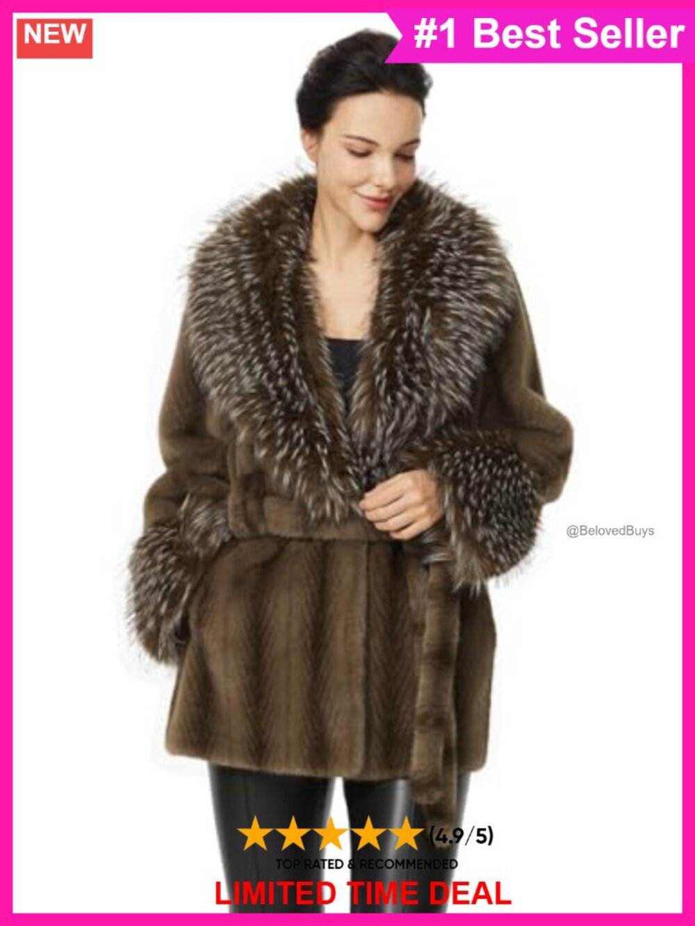 Faux Fur Coat Belted Large Lapel Pockets Winter Jacket